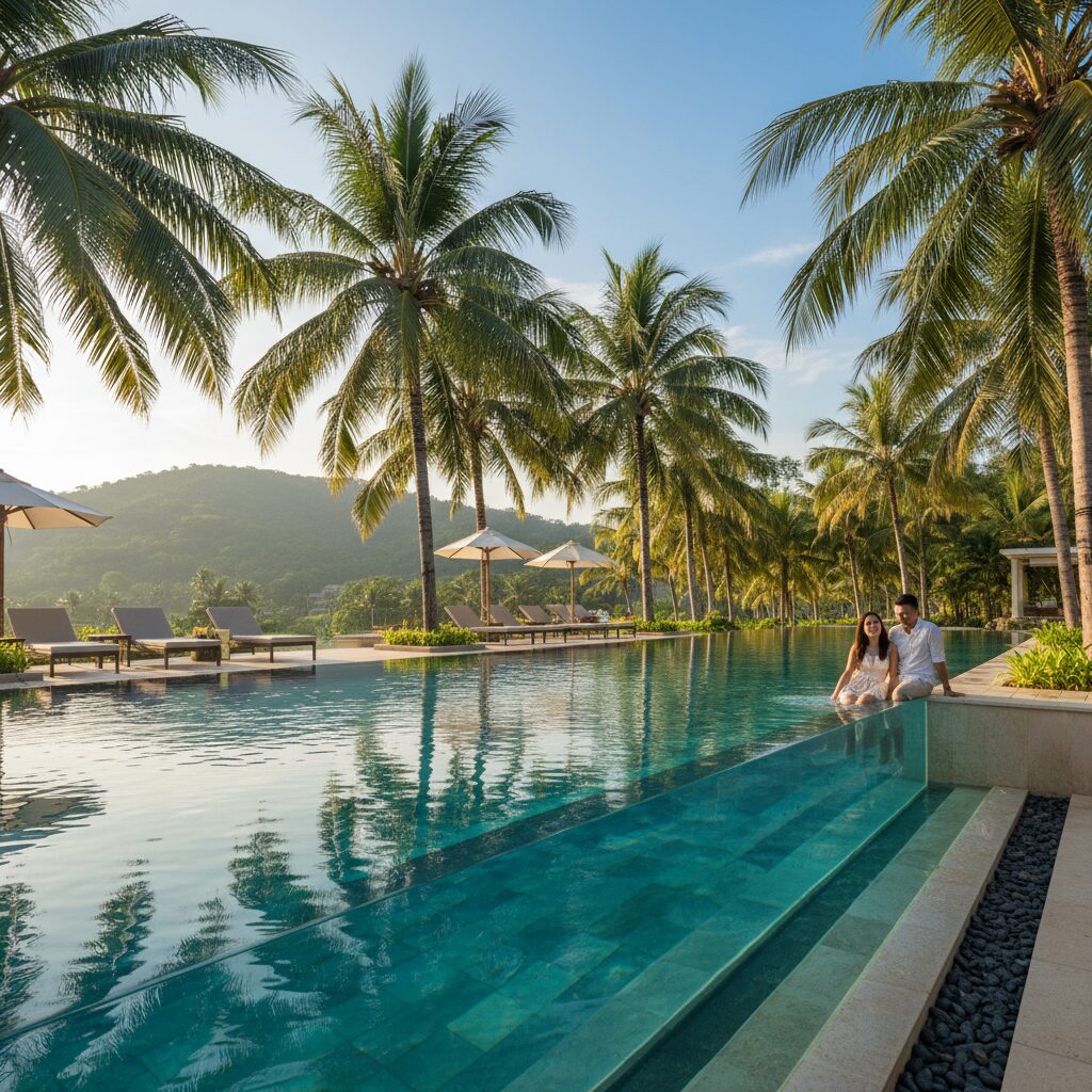 동남아시아 리조트의 투명한 수영장과 야자수 풍경