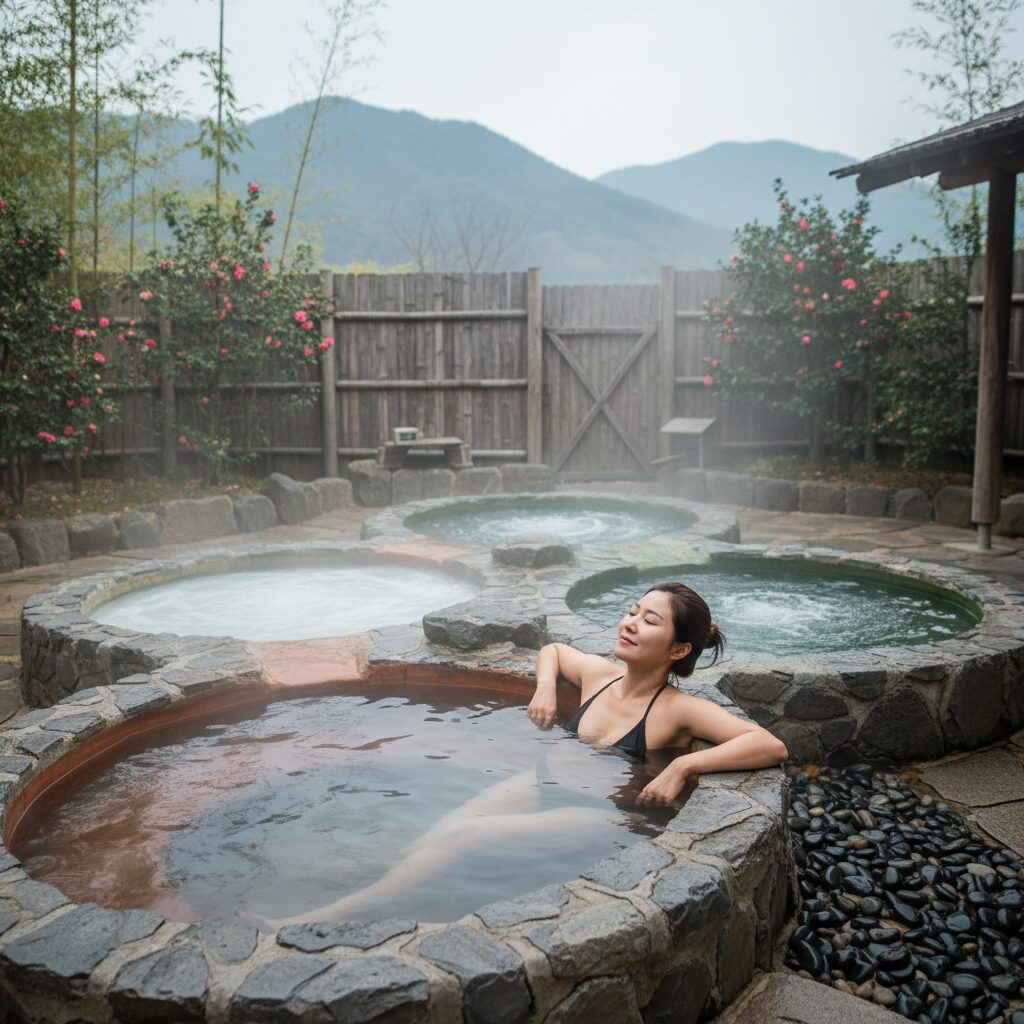 대구 스파밸리의 노천오행탕에서 휴식을 취하는 모습