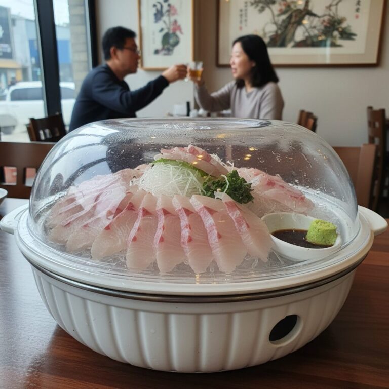 독도수산의 특대방어회가 담긴 보냉 접시