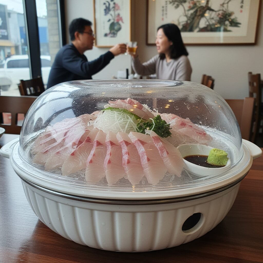 겨울 제철 대방어회 저렴하게 먹는 노하우 3 독도수산의 특대방어회가 담긴 보냉 접시