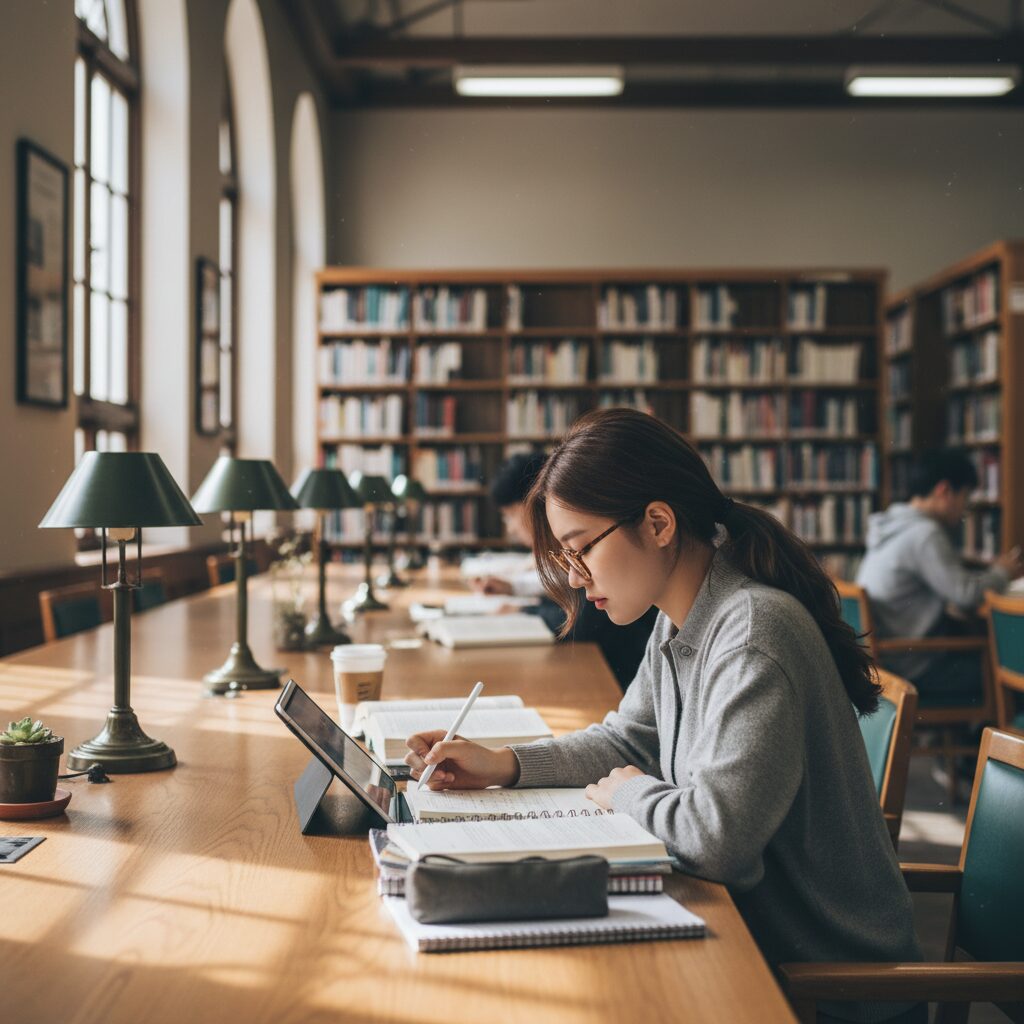 대학 도서관에서 태블릿으로 필기하는 여학생