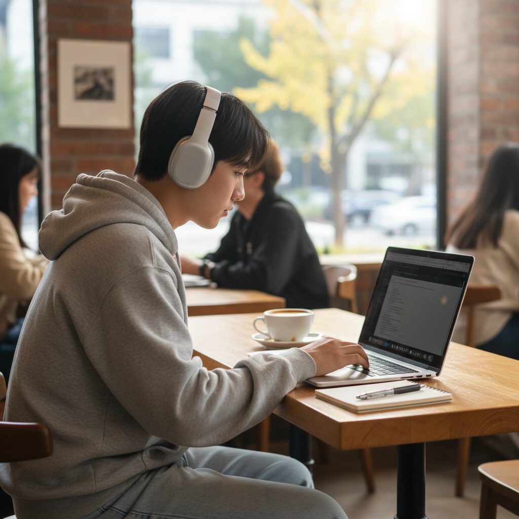 카페에서 노트북으로 작업하는 대학생