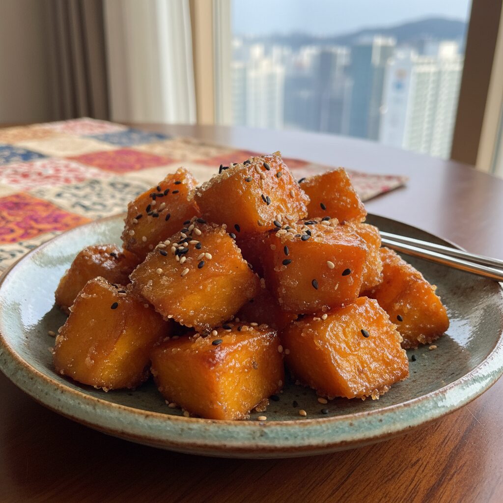손에 묻지 않는 바삭한 고구마맛탕 만들기 2 완성된 바삭한 고구마맛탕이 접시에 담겨 있음