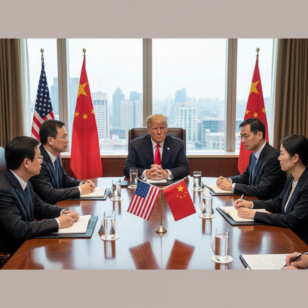 트럼프 대통령과 중국 대표단이 회의 테이블에 앉아 있는 모습
