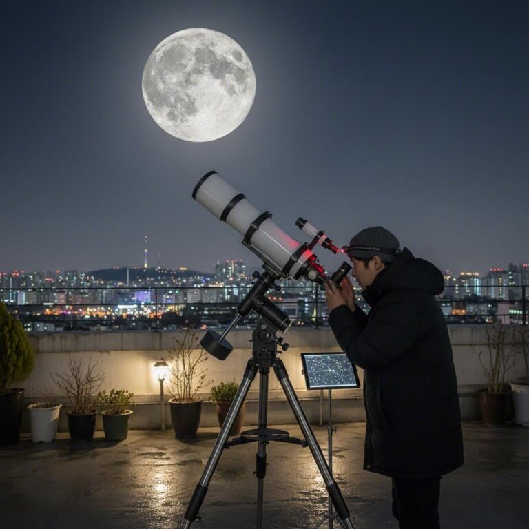 천체망원경으로 보름달을 관측하는 모습