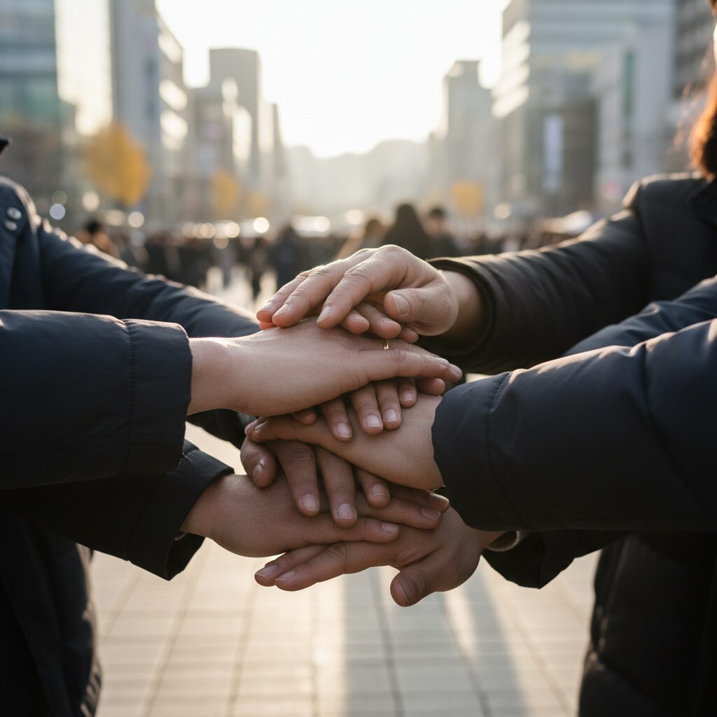 여러 사람의 손이 하나로 모여 힘을 합치는 모습을 상징하는 이미지
