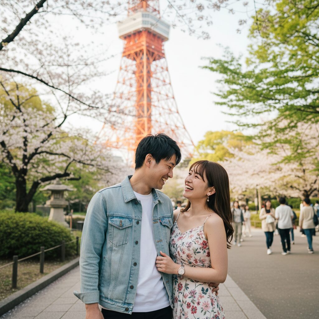 도쿄타워를 배경으로 웃고 있는 커플 사진 시바공원에서 촬영