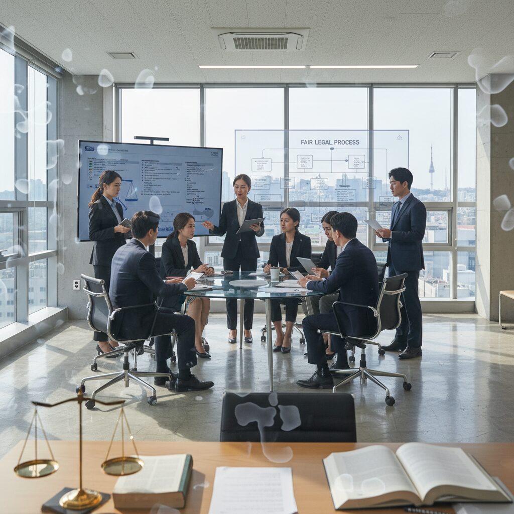 투명한 유리창 너머로 검찰의 공정한 업무 프로세스를 상징하는 이미지