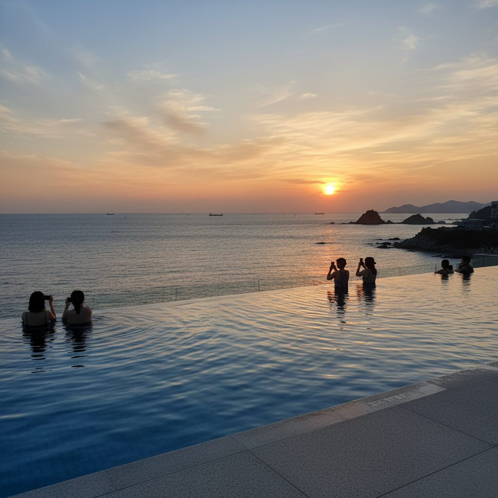 울산 호텔 인피니티 수영장에서 바라본 푸른 동해바다와 노을 지는 풍경