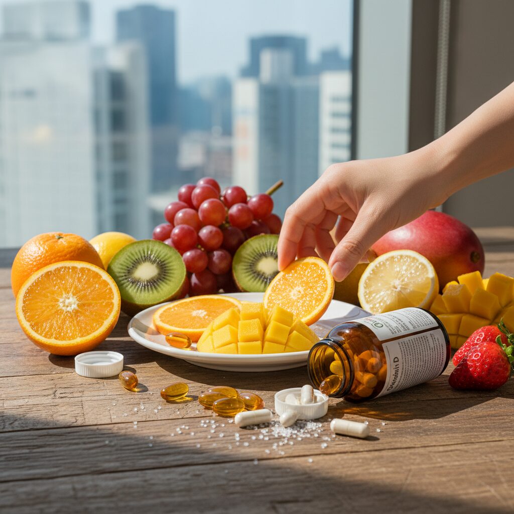 겨울철 면역력 높이는 영양제 꿀조합 1 비타민C와 비타민D 캡슐과 과일 사진