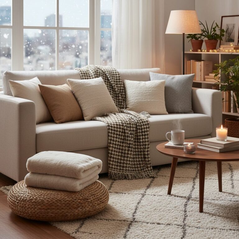 털소자 쿠션과 담요로 포근하게 꾸민 2월 거실 인테리어