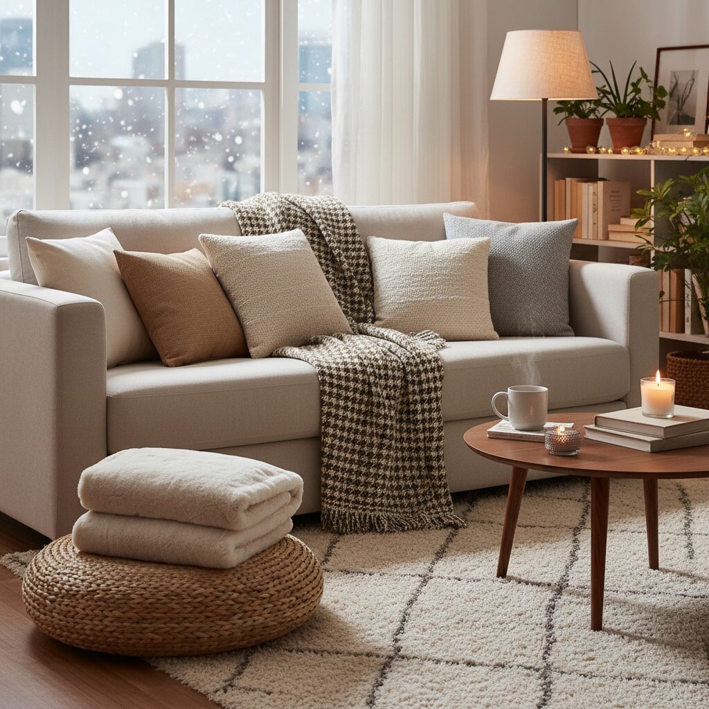 털소자 쿠션과 담요로 포근하게 꾸민 2월 거실 인테리어