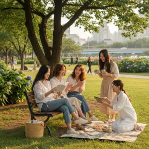 공원에서 책을 읽거나 친구와 대화하며 웃고 있는 20대 여성들의 모습