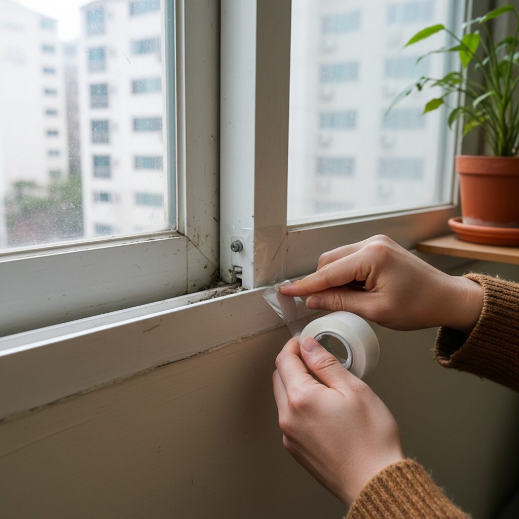 창문 뽁뽁이 효과와 단점 그리고 더 나은 대안은 3 창틀 틈새를 우풍방지 테이프로 메우는 모습