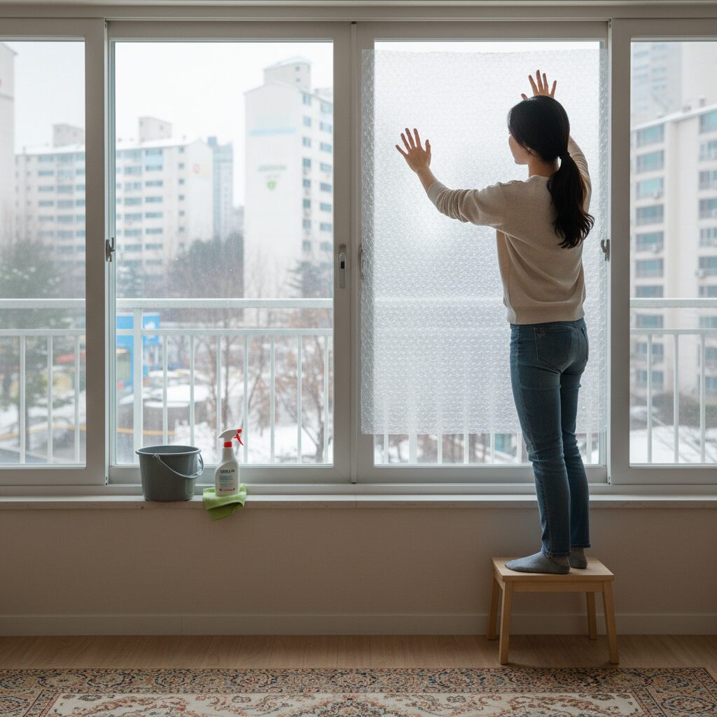 창문에 뽁뽁이 단열 필름을 유리 중앙에 밀착시켜 붙이는 방법