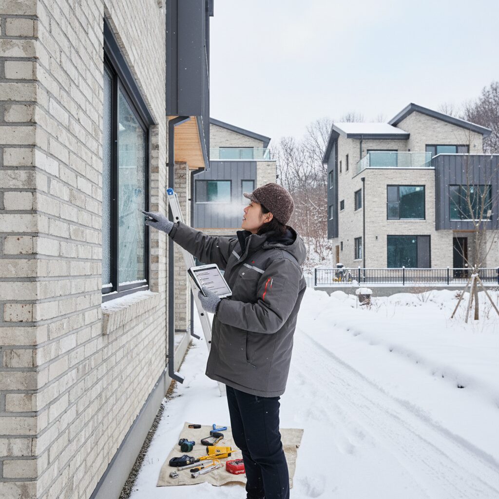 겨울철 새 집 벽과 창문 상태 점검하는 모습