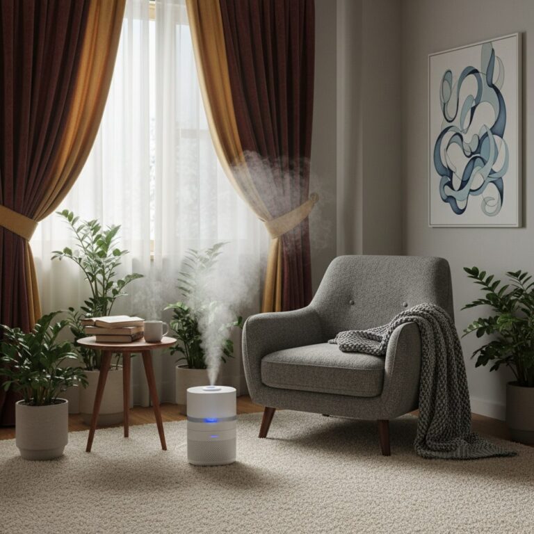 두꺼운 커튼 카펫 가습기가 있는 포근한 겨울 인테리어