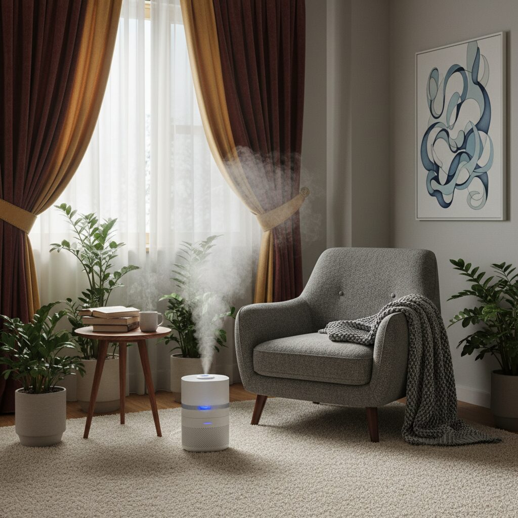 두꺼운 커튼 카펫 가습기가 있는 포근한 겨울 인테리어