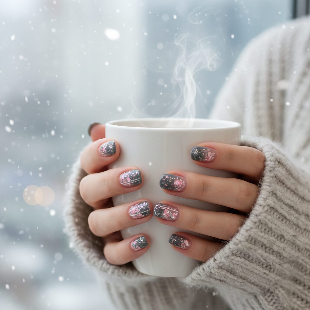 겨울 손끝을 빛내는 네일아트 완벽 가이드 1 겨울 감성의 그레이와 핑크 펄이 조화된 네일 아트