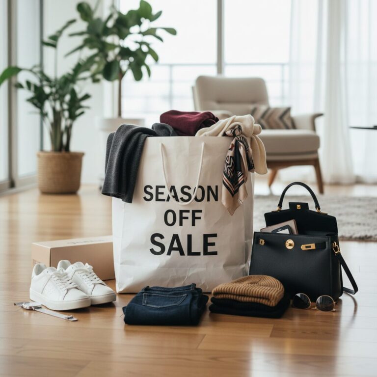 시즌오프 세일 상품이 담긴 쇼핑백과 패션 아이템들