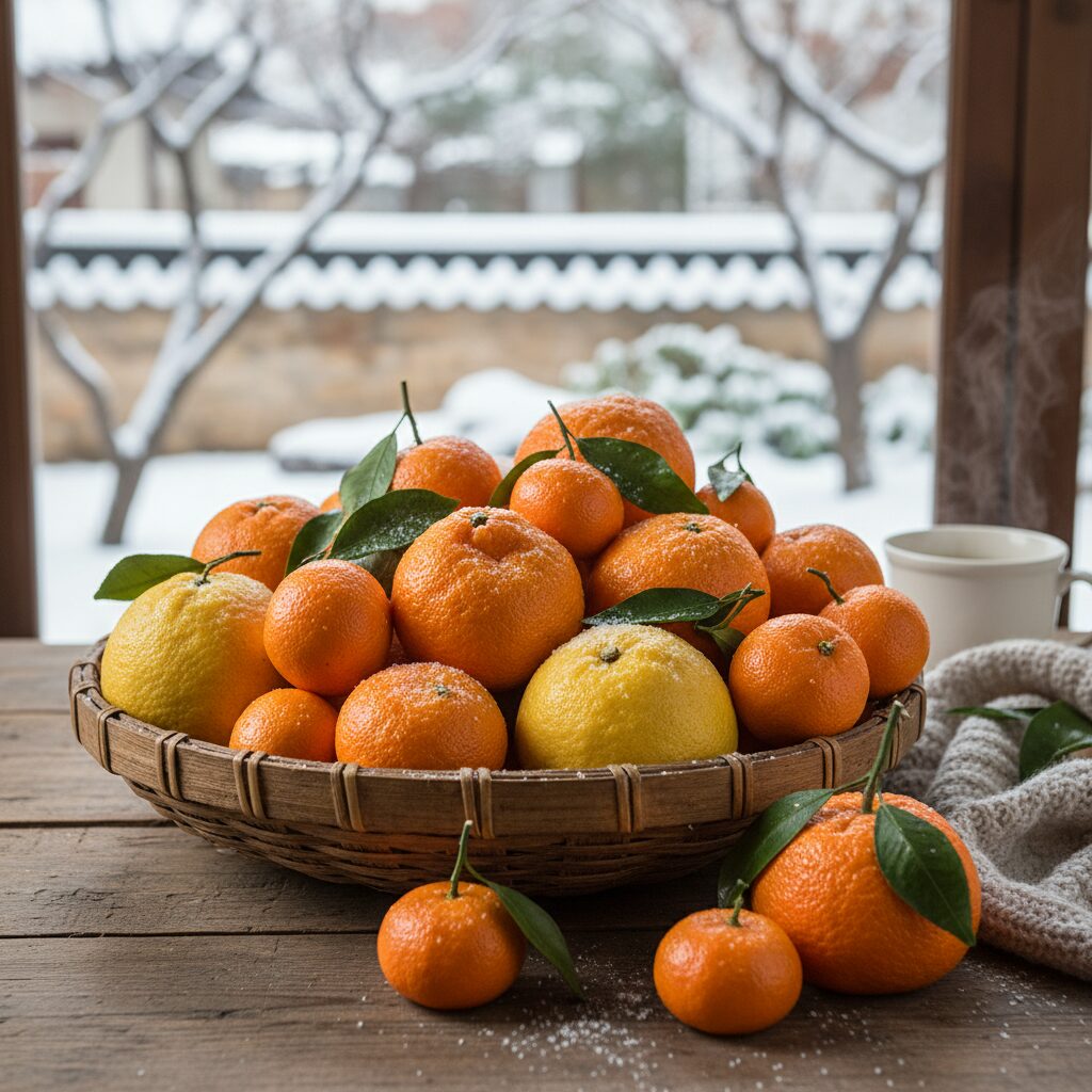 겨울 간식 귤과 붕어빵의 모든 것 1 겨울철 다양한 귤 종류가 담긴 나무 바구니