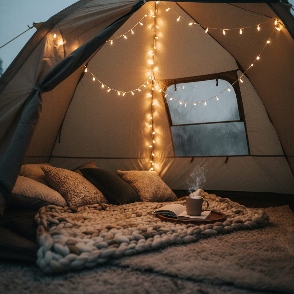 난방텐트 안에 감성 조명과 담요를 함께 사용한 아늑한 모습