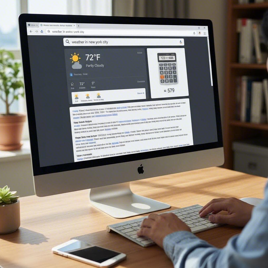 구글 검색 결과 페이지에 날씨와 계산기 답변이 바로 표시된 모습