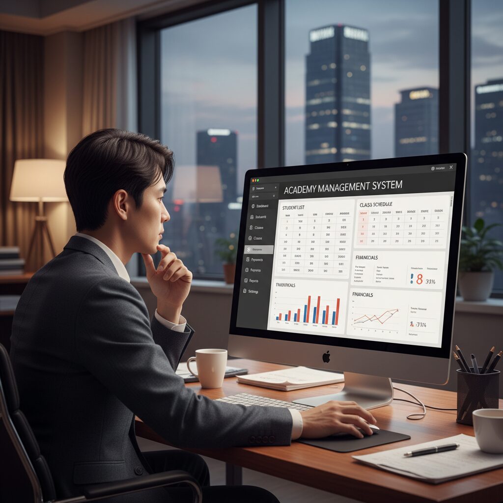 아이엠스쿨 서비스 종료와 학원 운영을 위한 대안 1 학원 관리 프로그램을 컴퓨터 화면에서 확인하는 모습