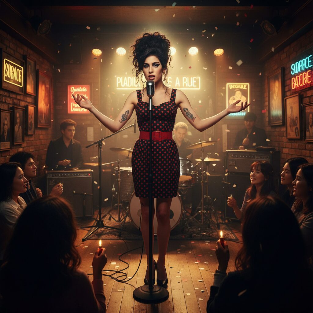 에이미 와인하우스가 무대에서 노래하고 있는 모습, 독특한 헤어스타일과 아이라이너가 특징적이다