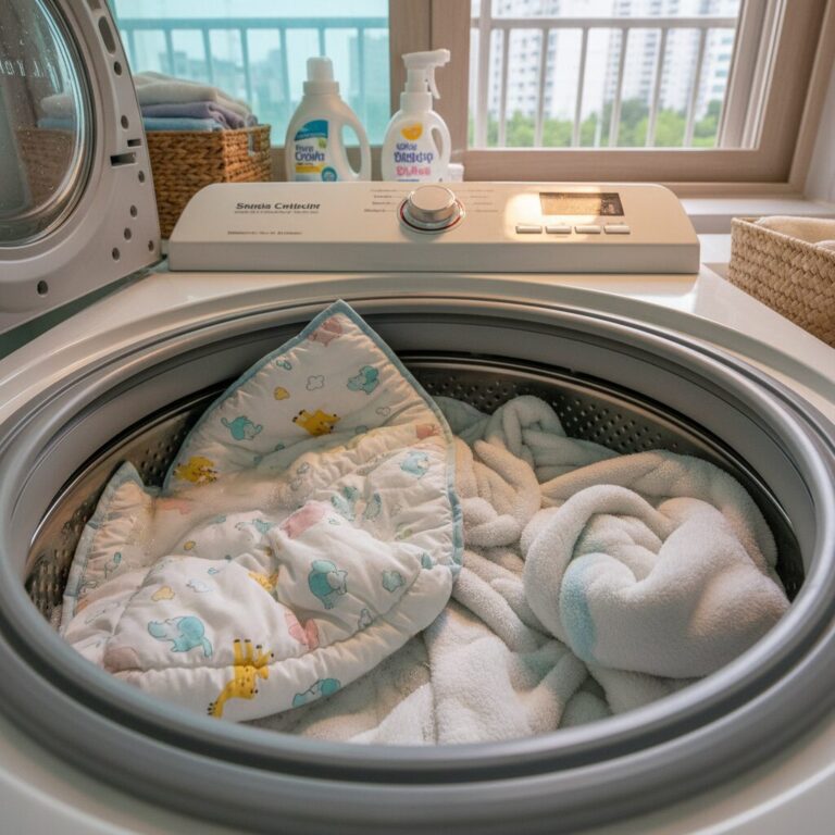 분리되어 세탁기에 들어간 낮잠이불 패드 커버와 이불