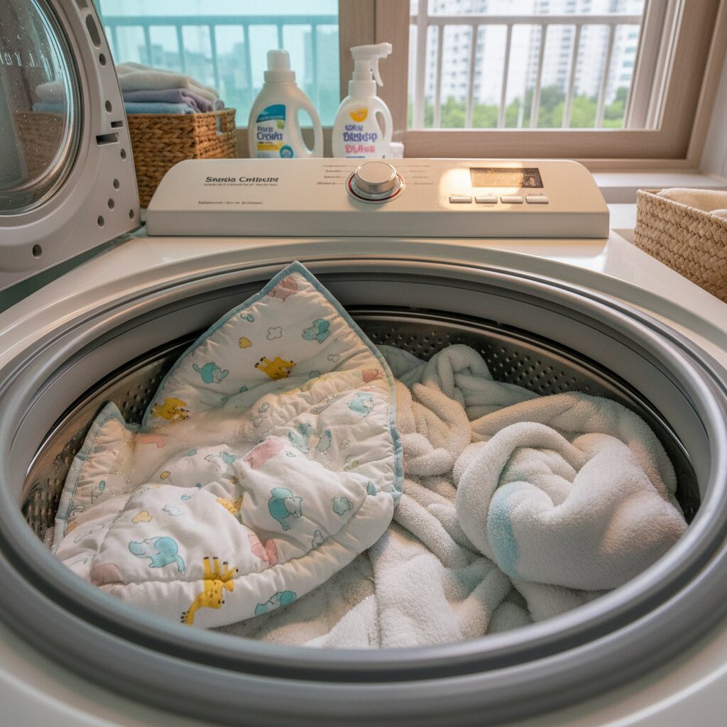 낮잠이불 선택의 모든 것 한눈에 비교하기 1 분리되어 세탁기에 들어간 낮잠이불 패드 커버와 이불