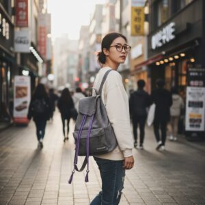 보라색 스트링 장식이 달린 비비씨어스 백팩을 한쪽 어깨에 멘 모습