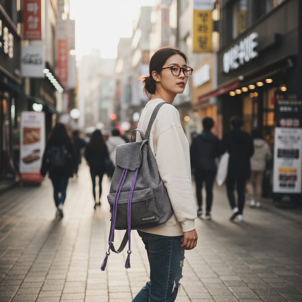 대학생 가방 추천 가볍고 실용적인 백팩 알아보기 보라색 스트링 장식이 달린 비비씨어스 백팩을 한쪽 어깨에 멘 모습