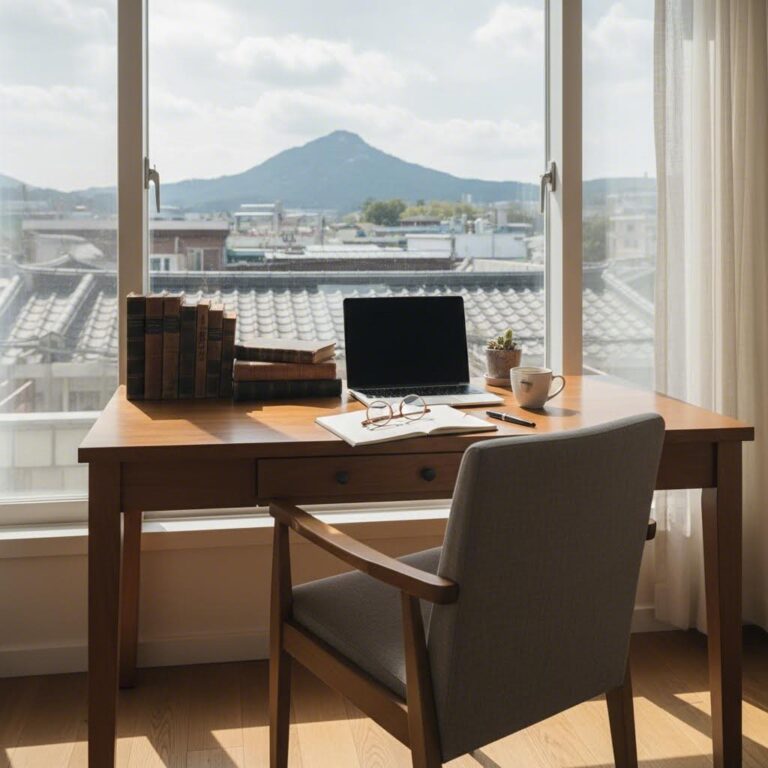 책과 노트북이 놓인 창가의 글쓰기 책상