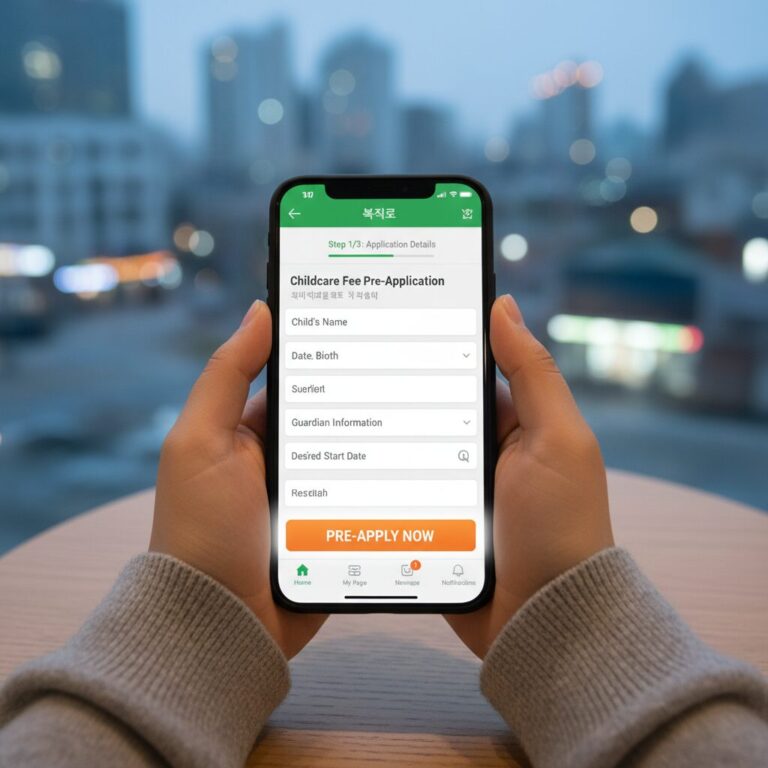 복지로 모바일 앱에서 보육료 사전신청 화면 예시, 사전신청 버튼이 강조되어 표시됨