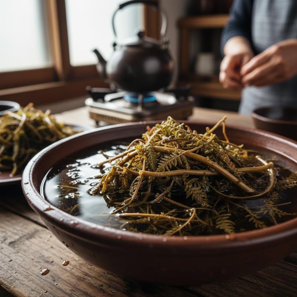 따뜻한 물에 담가 부드럽게 불리고 있는 말린 고사리