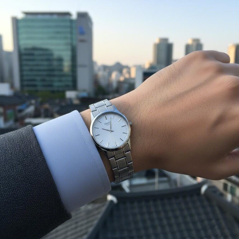 카시오 MTP195 시계를 손목에 착용한 모습. 얇은 실루엣과 메탈 밴드가 돋보인다.