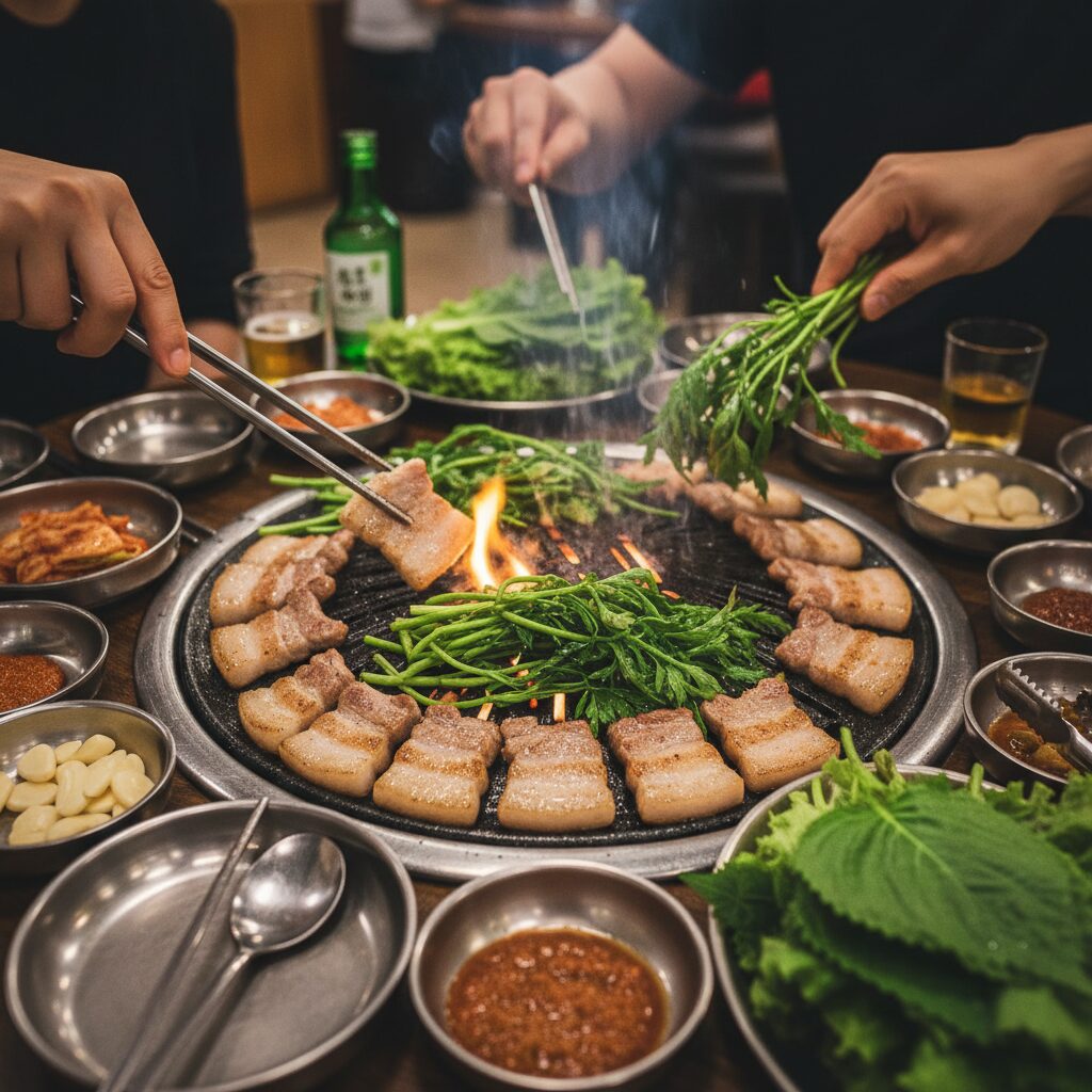 청도 미나리 삼겹살이 구워지는 테이블 위 모습