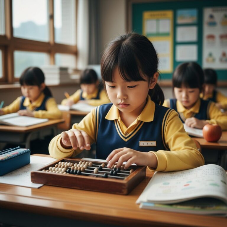 초등학생이 집중해서 주판을 만지고 있는 모습