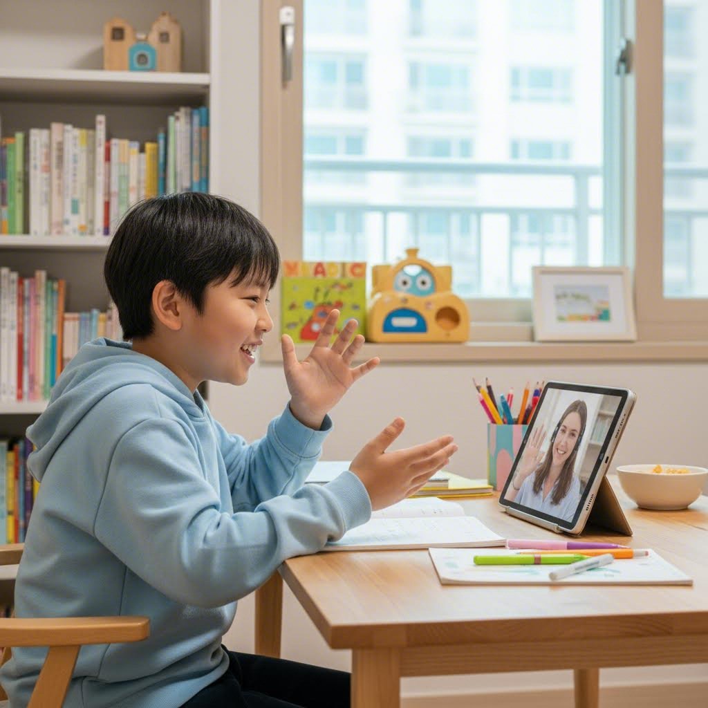 초등생 새학기 준비 요령 핵심 포인트 1 집에서 초등학생 아이가 태블릿으로 영어 화상 수업을 받으며 즐겁게 말하고 있는 모습