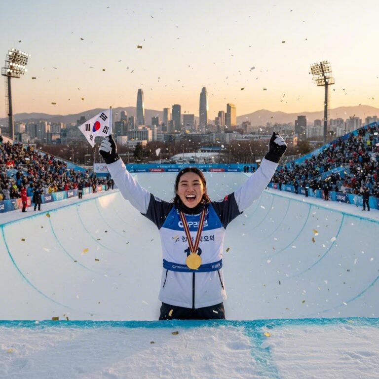 최가온 선수가 스노우보드 하프파이프 금메달을 획득한 후 기쁨을 표현하는 모습