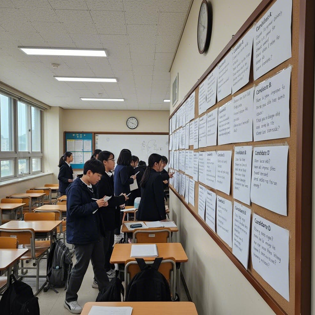 고등학교 학급 임원 활동과 의미 있는 준비 방법 1 학급 임원 후보들이 작성한 기자회견 질문지가 교실 벽에 게시되어 있으며 학생들이 살펴보고 있다