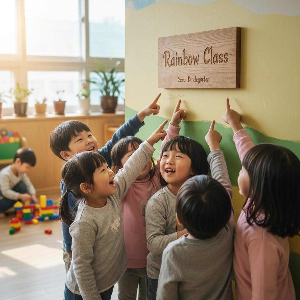 반 이름 추천과 신학기 준비 방법 1 아이들이 웃으며 반 이름이 적힌 현판을 가리키는 모습