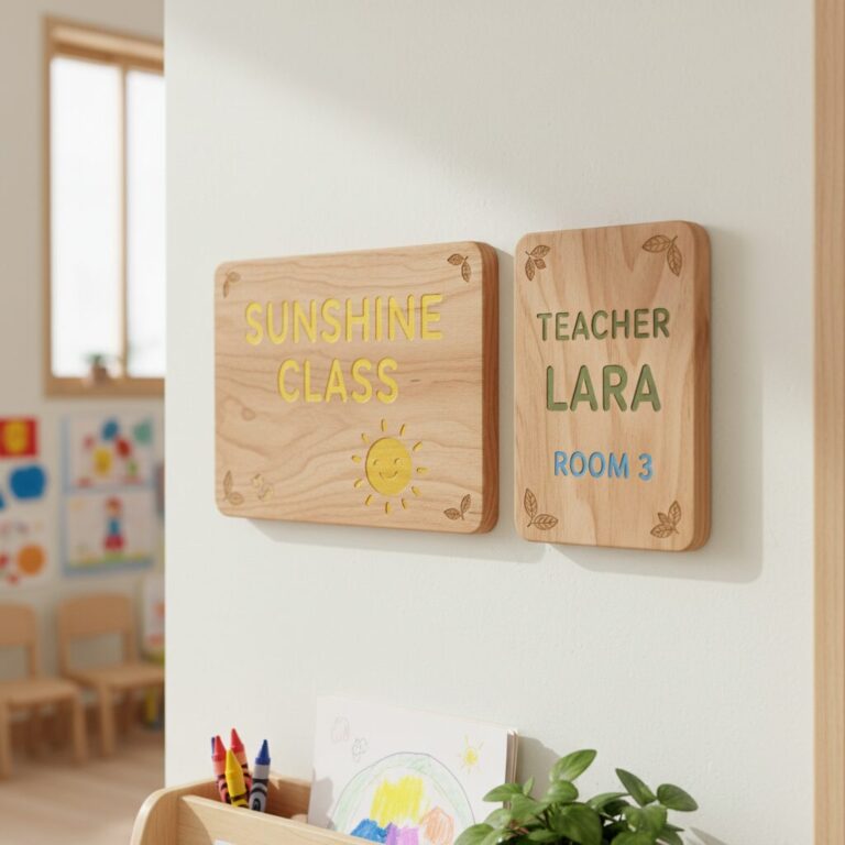 자작나무 원목으로 만든 따뜻한 느낌의 어린이집 반패와 명패 예시