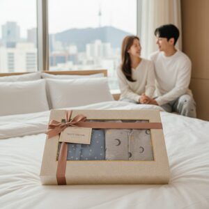 예쁜 패키지로 포장된 커플 잠옷 세트가 놓여 있는 사진