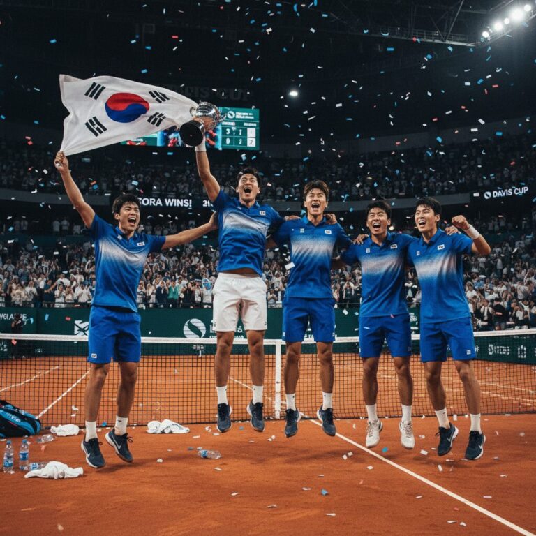 데이비스컵 아르헨티나전 승리 후 한국 남자 테니스 대표팀 선수들이 기뻐하는 모습