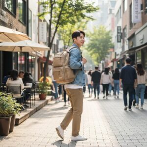 디스커버리 라이크에어 마일 베이지색 백팩 착용 사진