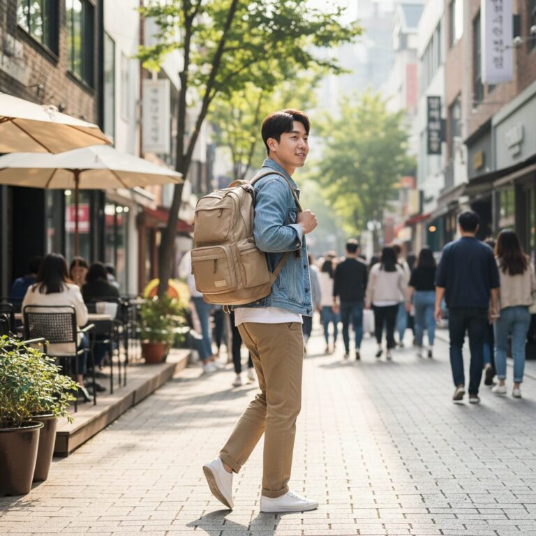 디스커버리 라이크에어 마일 베이지색 백팩 착용 사진