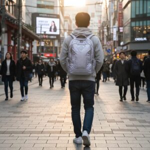 디스커버리 라이크 에어 퀀텀 백팩을 메고 있는 사람의 뒷모습