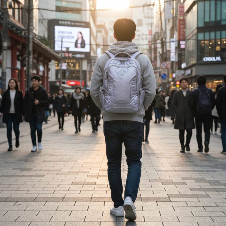 디스커버리 라이크 에어 퀀텀 백팩을 메고 있는 사람의 뒷모습